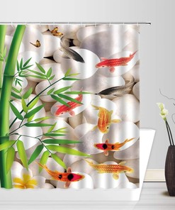 Vintage Asian Janpan Chinese Style Ink Painting Shower Curtain - Green Bamboo and Koi Fish Design