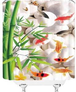 Vintage Asian Janpan Chinese Style Ink Painting Shower Curtain - Green Bamboo and Koi Fish Design