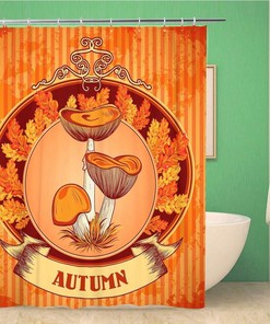 Vintage Autumn Leaf Shower Curtain with Mushrooms and Grass Collection, Nature Bathroom Decor 