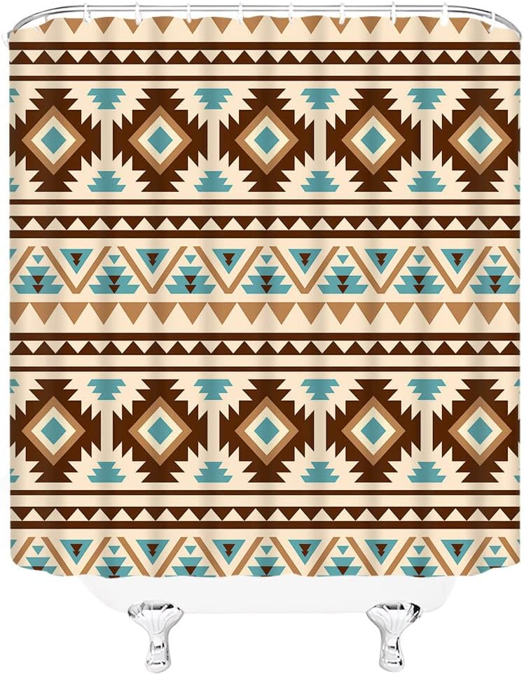 Vintage Aztec Shower Curtain with Abstract Geometric Boho Tribal Design for Retro Ethnic Bathroom