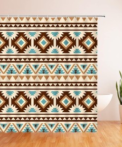 Vintage Aztec Shower Curtain with Abstract Geometric Boho Tribal Design for Retro Ethnic Bathroom
