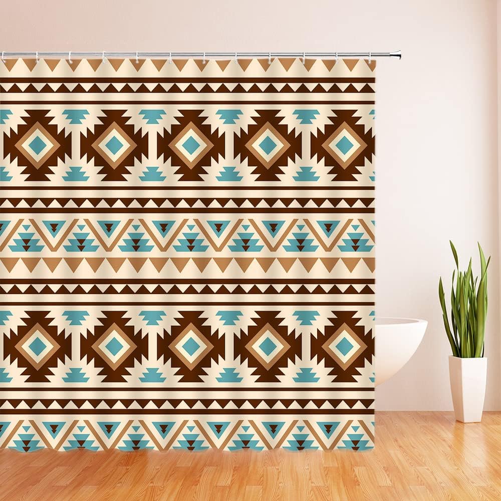 Vintage Aztec Shower Curtain with Abstract Geometric Boho Tribal Design for Retro Ethnic Bathroom