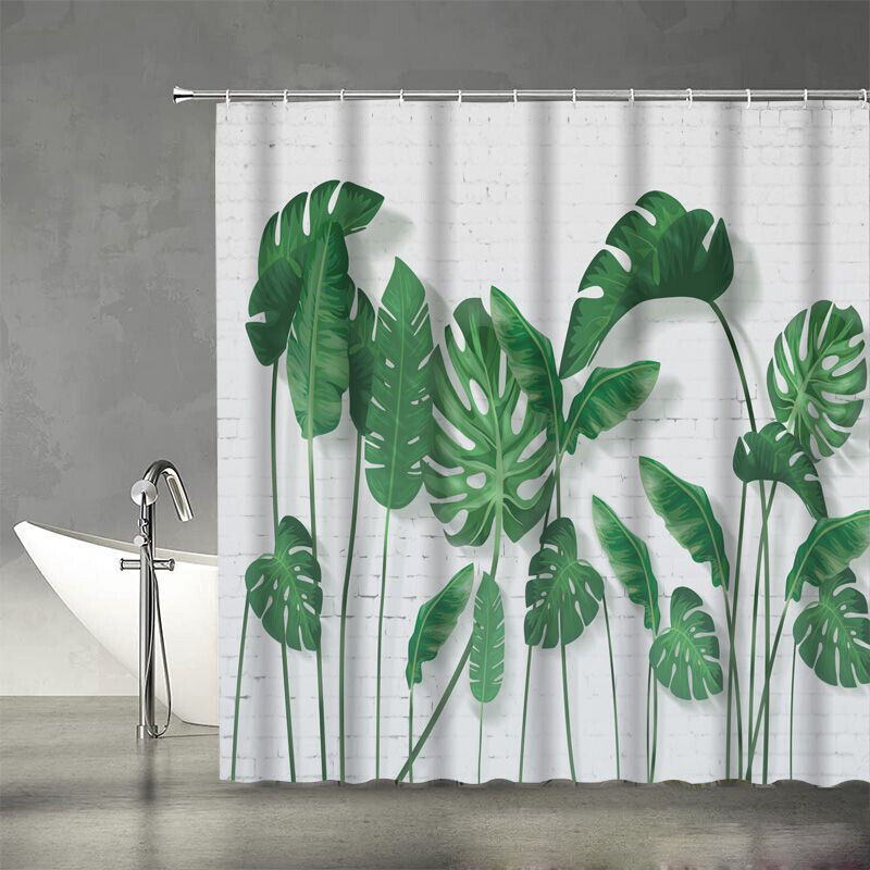 Vintage Bathroom Shower Curtain with Tropical Palm Leaves Leaf Plants Print Design #4