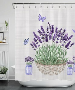 Vintage Bathroom Shower Curtains - Lavender Butterfly on Farmhouse Purple Curtain