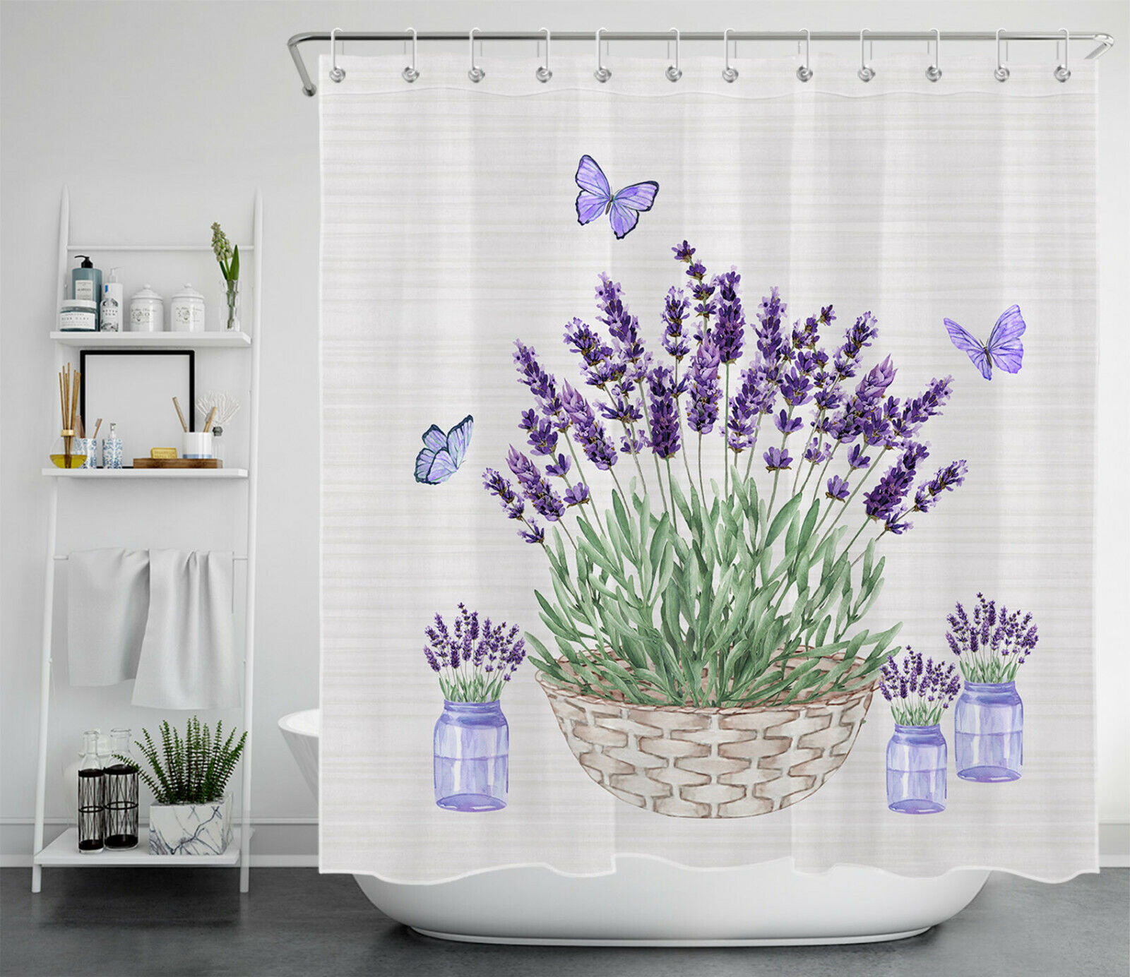 Vintage Bathroom Shower Curtains - Lavender Butterfly on Farmhouse Purple Curtain