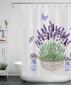Vintage Bathroom Shower Curtains - Lavender Butterfly on Farmhouse Purple Curtain