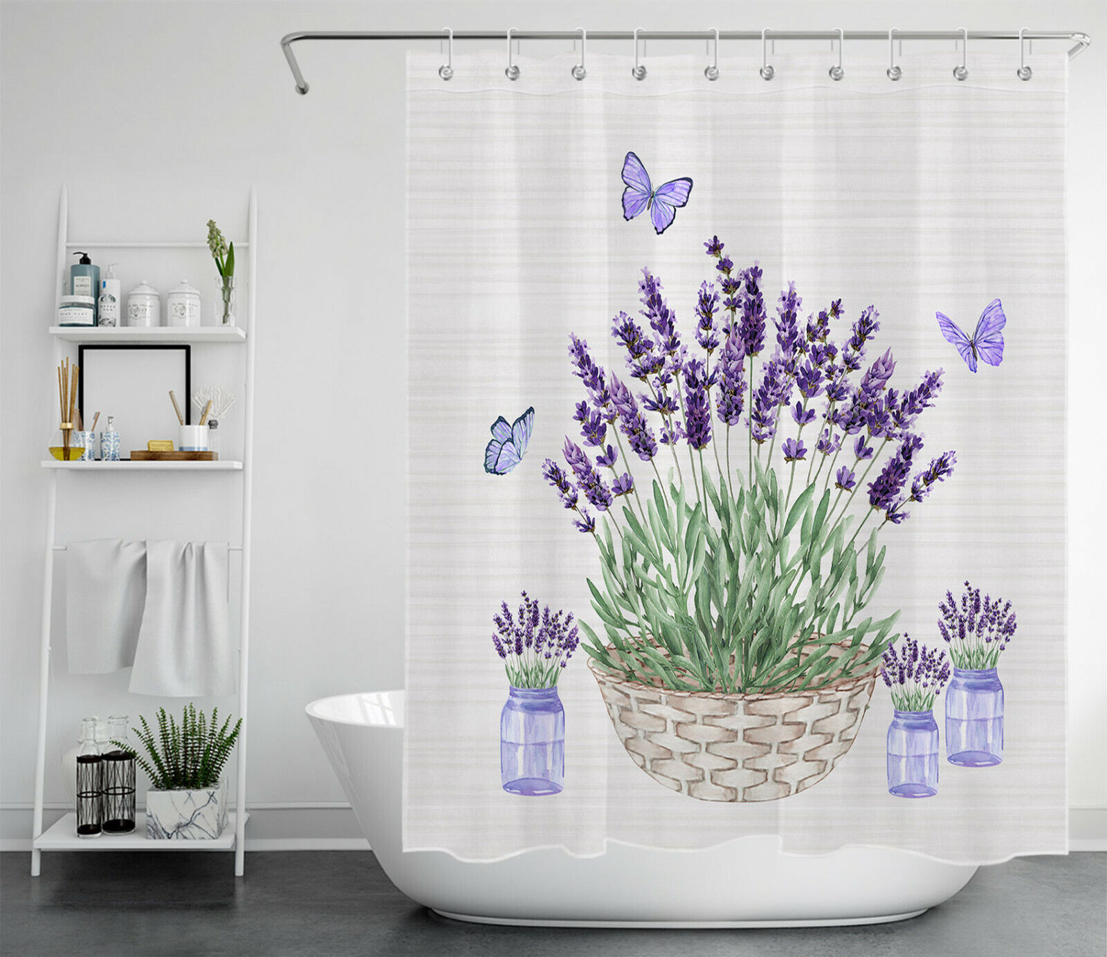 Vintage Bathroom Shower Curtains - Lavender Butterfly on Farmhouse Purple Curtain