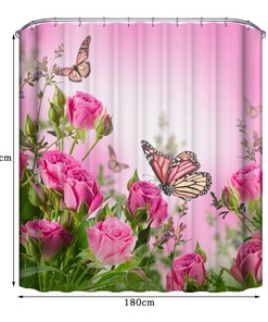 Vintage Bathroom Shower Curtains - Pink Rose Butterfly Bath-Mat Bathroom Deco Set Bundle