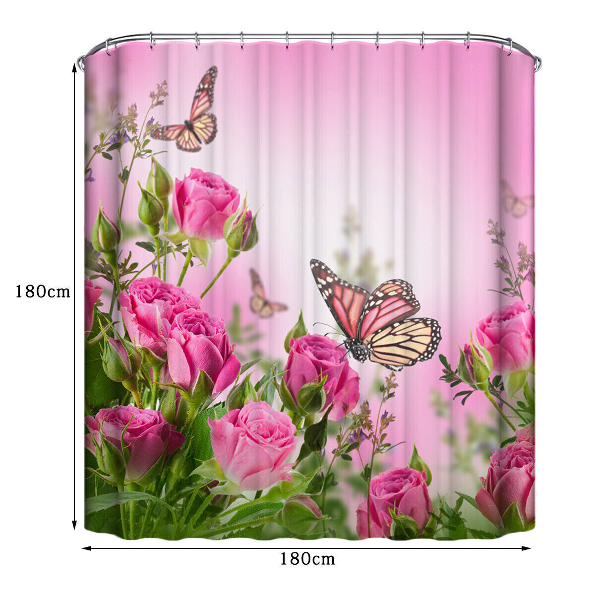 Vintage Bathroom Shower Curtains - Pink Rose Butterfly Bath-Mat Bathroom Deco Set Bundle