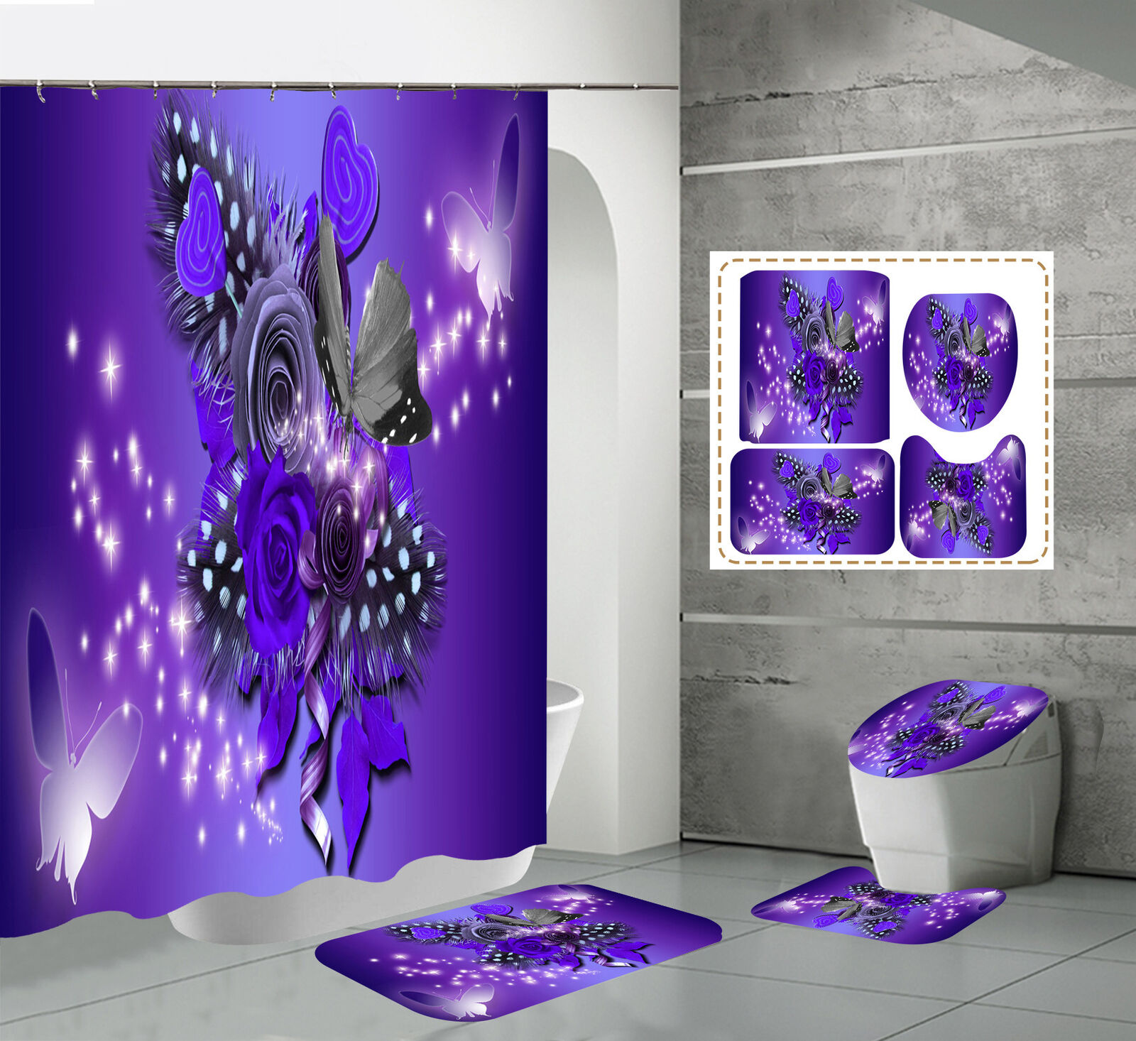 Vintage Bathroom Shower Curtains - Purple Butterfly Rose Print