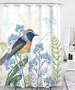 Vintage Bathroom Shower Curtains with Tropical Palm Leaves and Flamingos Print Design 