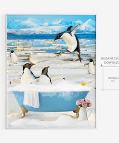Vintage Bathtub Penguins Print Shower Curtain, Digital Bathroom Art, Kids Room Decor