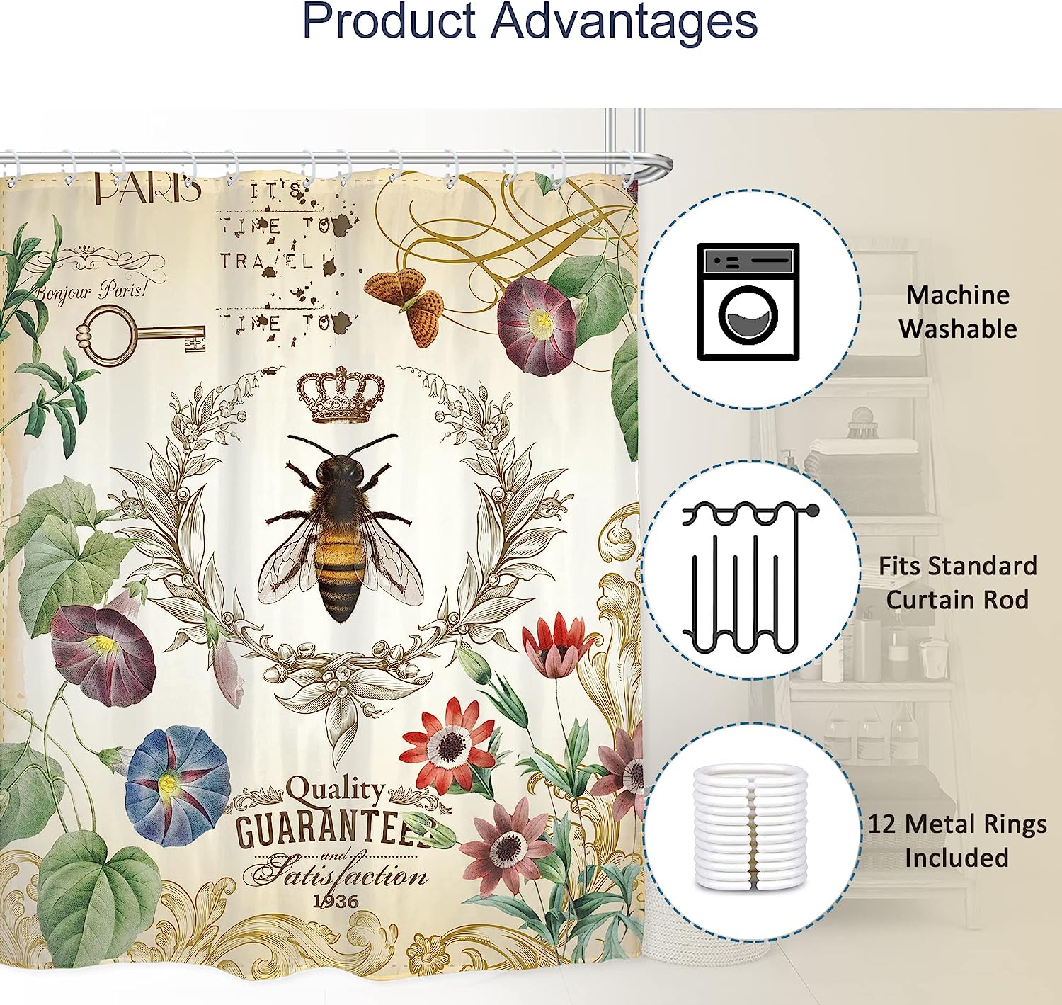Vintage Bee - Primitive French Garden Rustic Nature Shower Curtain By Ambzek - Image 3