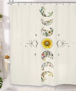 Vintage Beige Boho Floral Shower Curtain with Abstract Moon Phase Print for Aesthetic Look