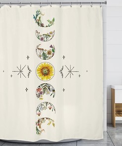 Vintage Beige Boho Floral Shower Curtain with Abstract Moon Phase Print for Aesthetic Look