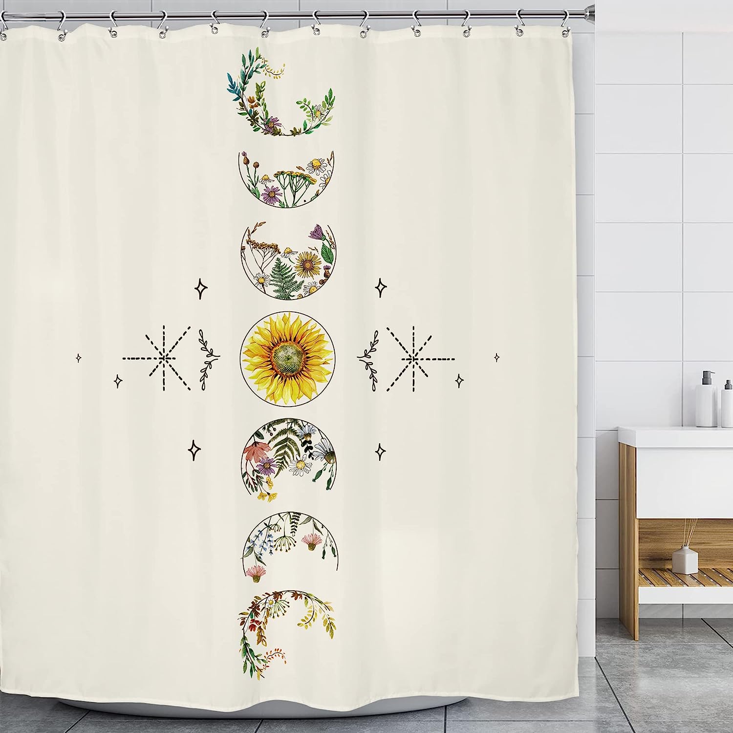 Vintage Beige Boho Floral Shower Curtain with Abstract Moon Phase Print for Aesthetic Look