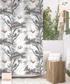Vintage Black And White Bird Toile Shower Curtain - Bathroom Woodland Scenic Landscape Shower Curtain