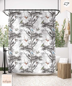 Vintage Black And White Bird Toile Shower Curtain - Bathroom Woodland Scenic Landscape Shower Curtain