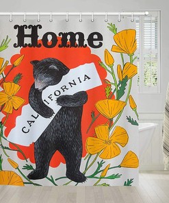 Vintage Black Bear Rustic Shower Curtain With Autumn Leaves, Cute Bear In Bathroom Decor