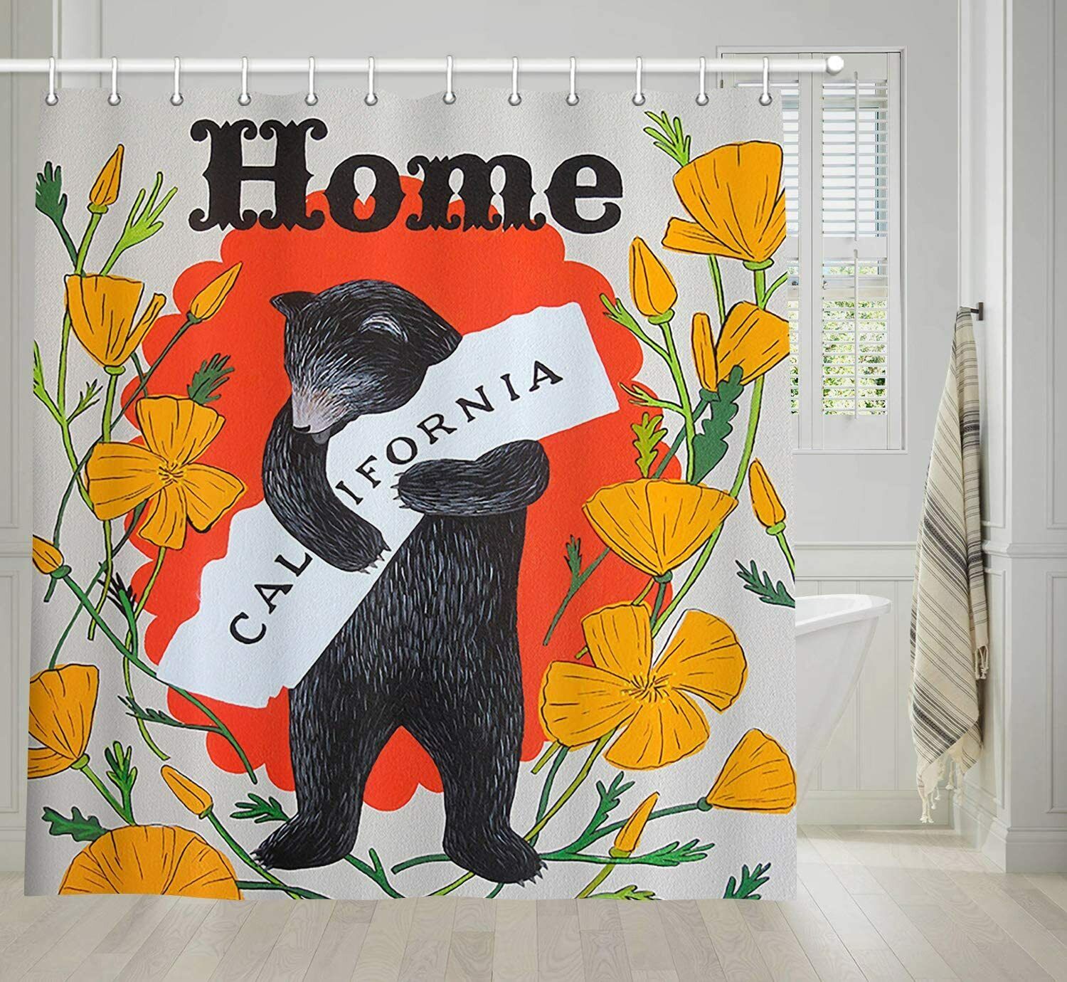 Vintage Black Bear Rustic Shower Curtain With Autumn Leaves, Cute Bear In Bathroom Decor