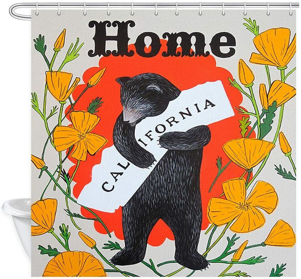 Vintage Black Bear Rustic Shower Curtain With Autumn Leaves, Cute Bear In Bathroom Decor