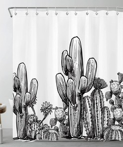 Vintage Black and White Desert Cactus Shower Curtain for Tropical Bathroom