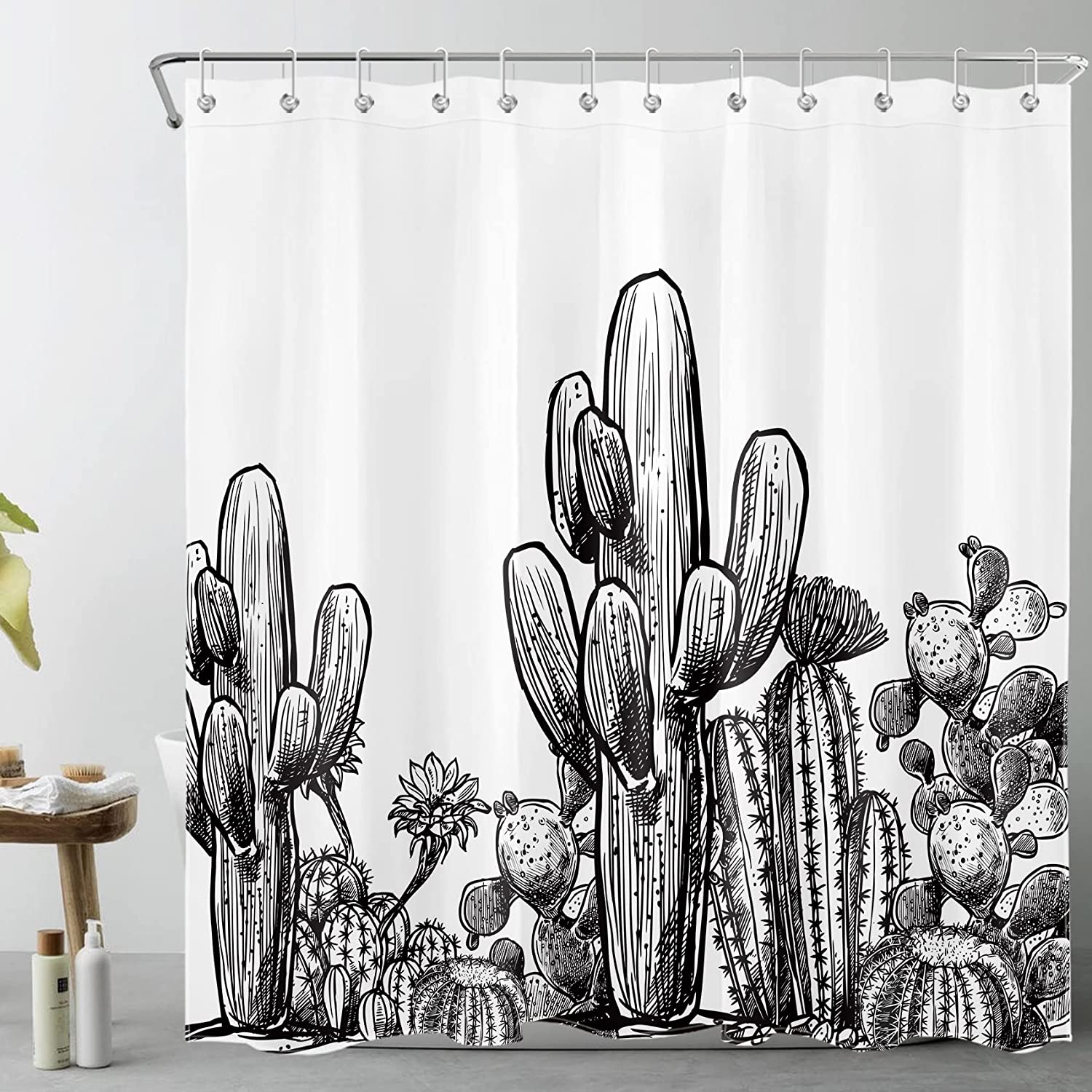 Vintage Black and White Desert Cactus Shower Curtain for Tropical Bathroom