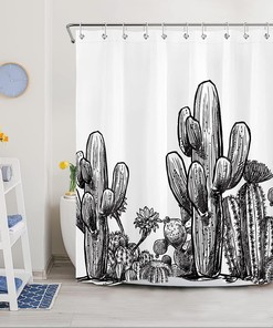 Vintage Black and White Desert Cactus Shower Curtain for Tropical Bathroom