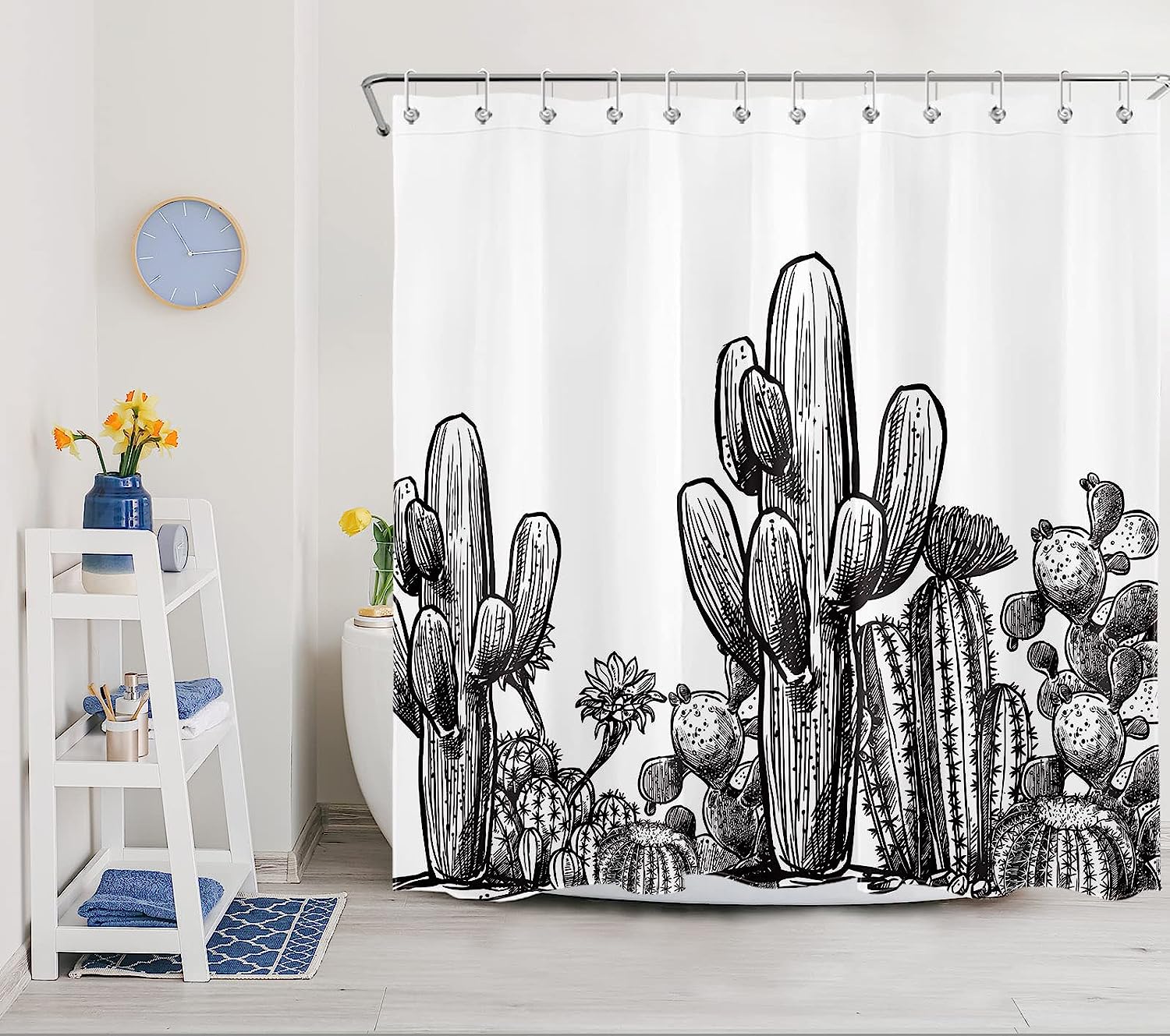 Vintage Black and White Desert Cactus Shower Curtain for Tropical Bathroom