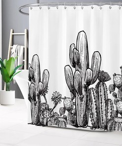 Vintage Black and White Desert Cactus Shower Curtain for Tropical Bathroom