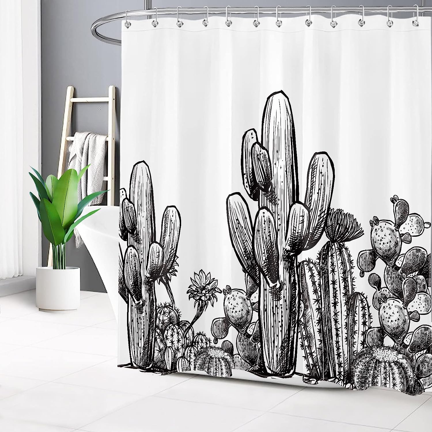 Vintage Black and White Desert Cactus Shower Curtain for Tropical Bathroom