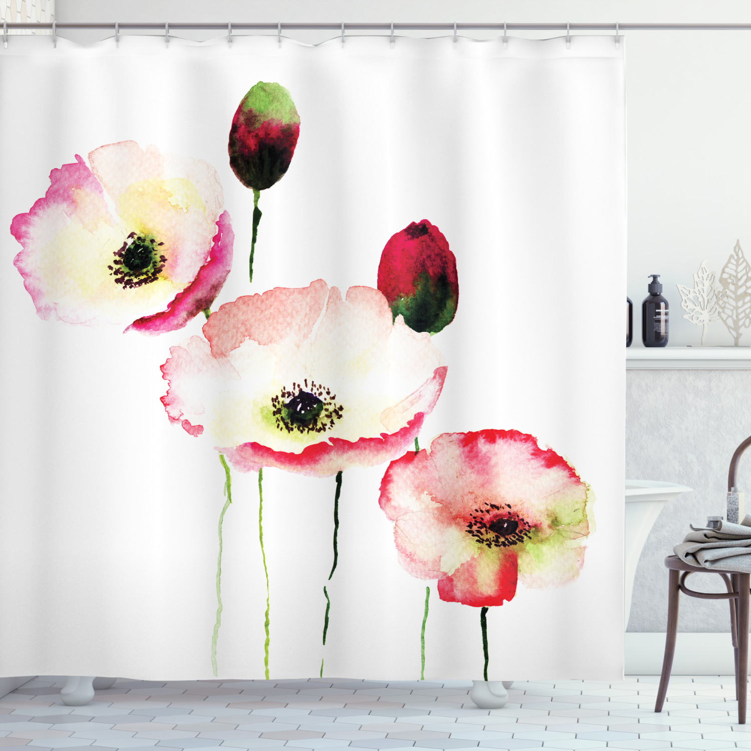 Vintage Blossom Print Shower Curtain With Poppy Flowers
