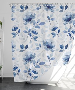 Vintage Blue Floral Shower Curtain, Bohemian Retro Fabric Bathroom Curtain, Housewarming Gift