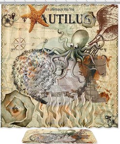 Vintage Blue Octopus Nautical Map Fabric Shower curtain - Modern Bathroom Accessories