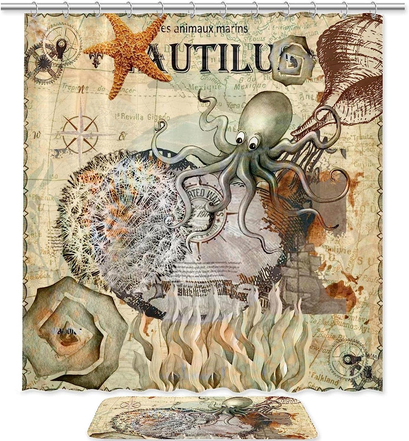 Vintage Blue Octopus Nautical Map Fabric Shower curtain - Modern Bathroom Accessories