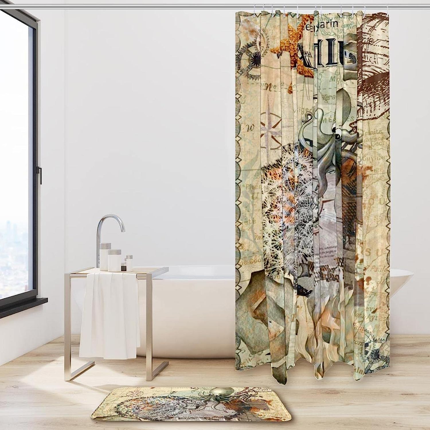 Vintage Blue Octopus Nautical Map Fabric Shower curtain - Modern Bathroom Accessories