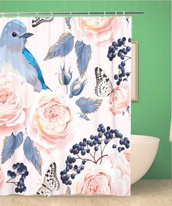 Vintage Bluebird Botanicale Shower Curtain - Blue Bird Roses Blossom Fabric Print