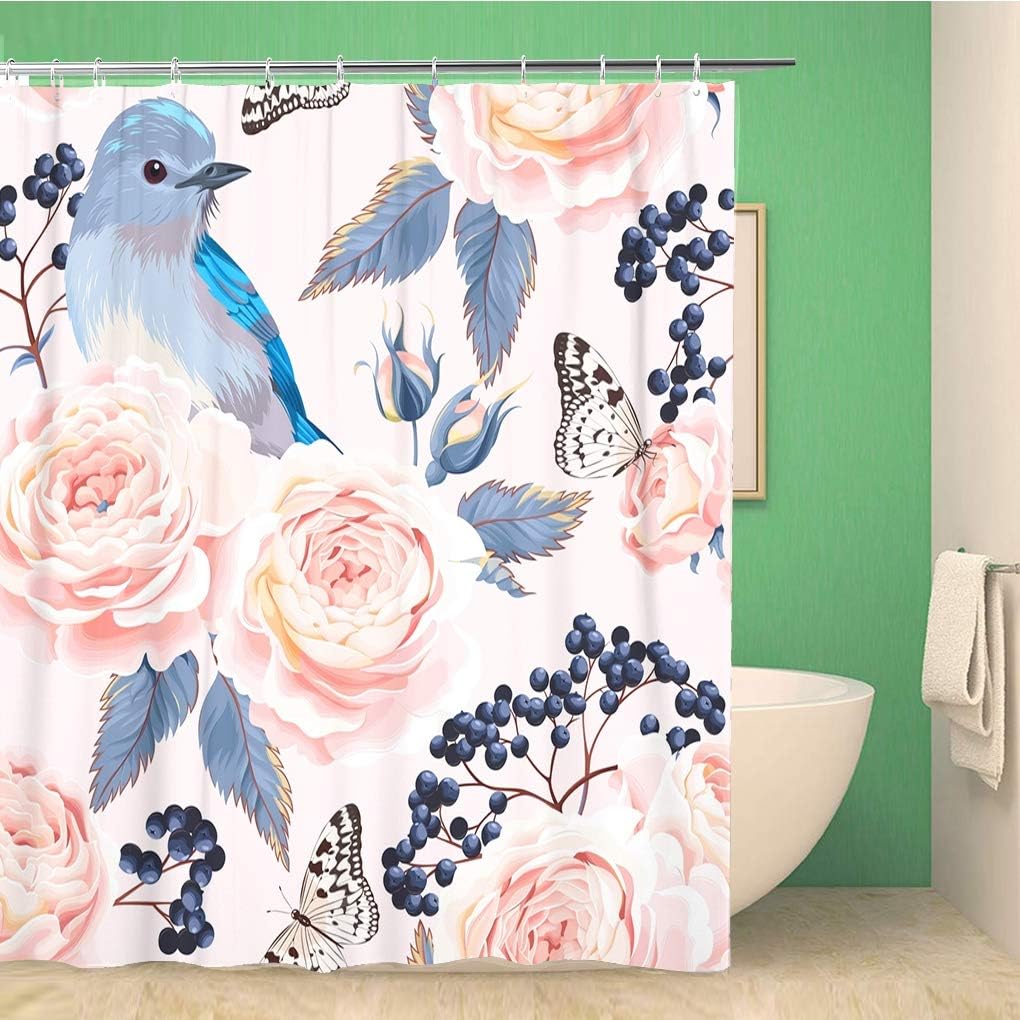 Vintage Bluebird Botanicale Shower Curtain - Blue Bird Roses Blossom Fabric Print