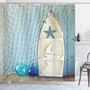 Vintage Boat Starfish Shell Fishing Net Photo Blue And White Sea Objects On Wooden Backdrop Nautical Shower Curtain
