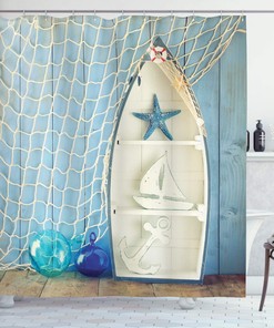 Vintage Boat Starfish Shell Fishing Net Photo Blue And White Sea Objects On Wooden Backdrop Nautical Shower Curtain