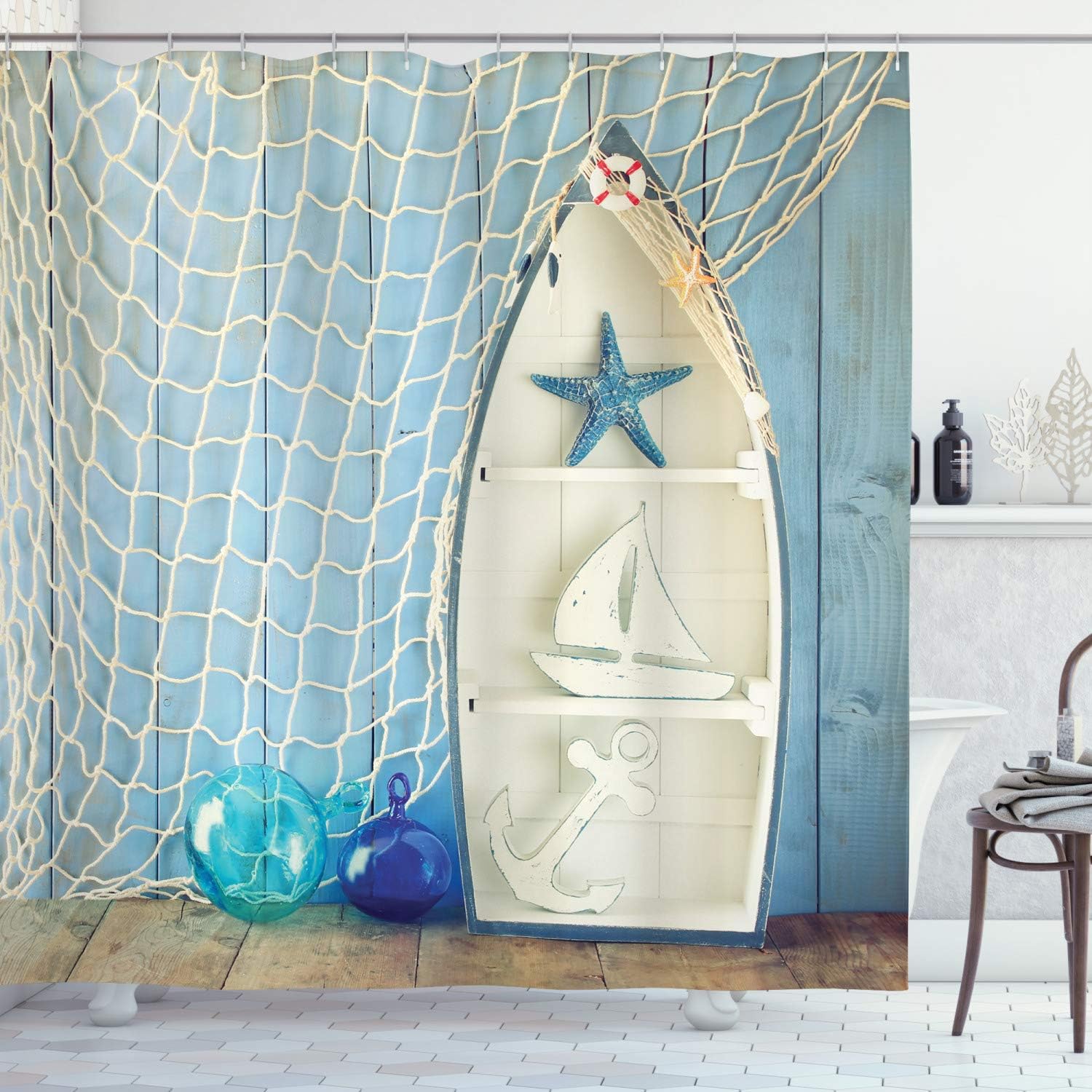 Vintage Boat Starfish Shell Fishing Net Photo Blue And White Sea Objects On Wooden Backdrop Nautical Shower Curtain