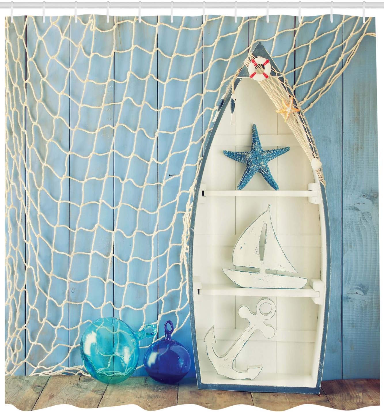 Vintage Boat Starfish Shell Fishing Net Photo Blue And White Sea Objects On Wooden Backdrop Nautical Shower Curtain - Image 2