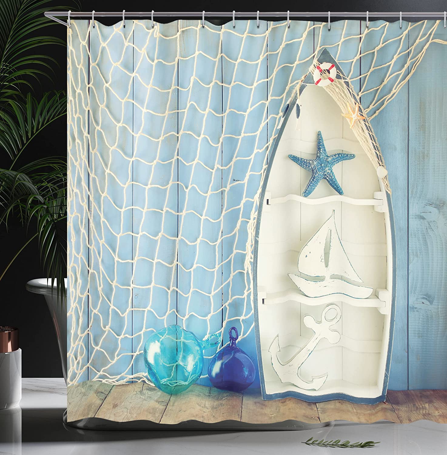Vintage Boat Starfish Shell Fishing Net Photo Blue And White Sea Objects On Wooden Backdrop Nautical Shower Curtain - Image 3