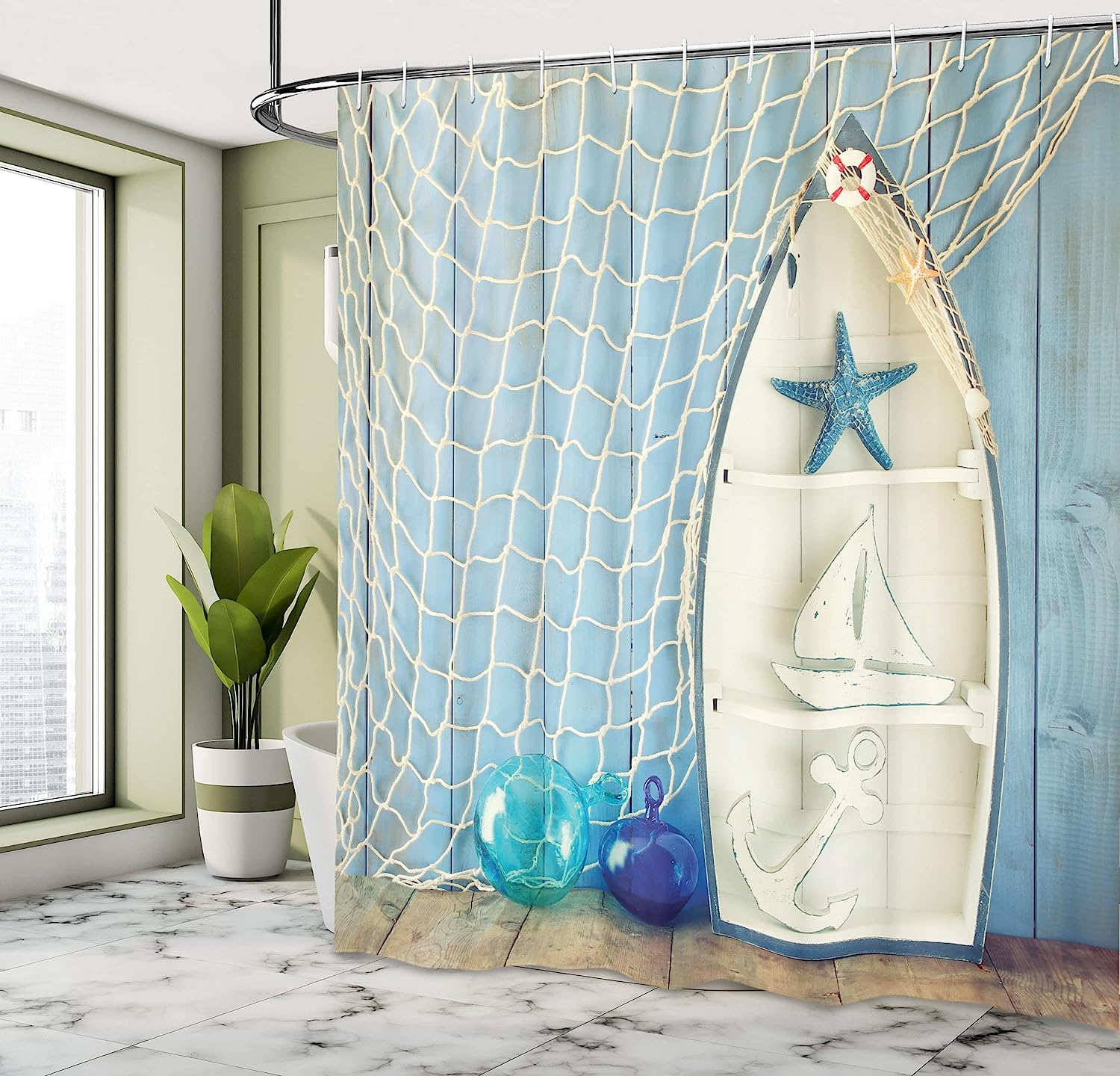 Vintage Boat Starfish Shell Fishing Net Photo Blue And White Sea Objects On Wooden Backdrop Nautical Shower Curtain - Image 4