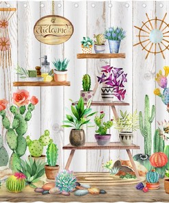 Vintage Bohemian Succulents Shower Curtain On An Antique Wooden Plank
