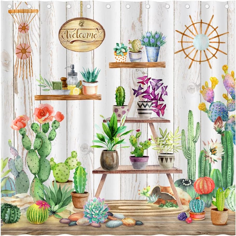 Vintage Bohemian Succulents Shower Curtain On An Antique Wooden Plank