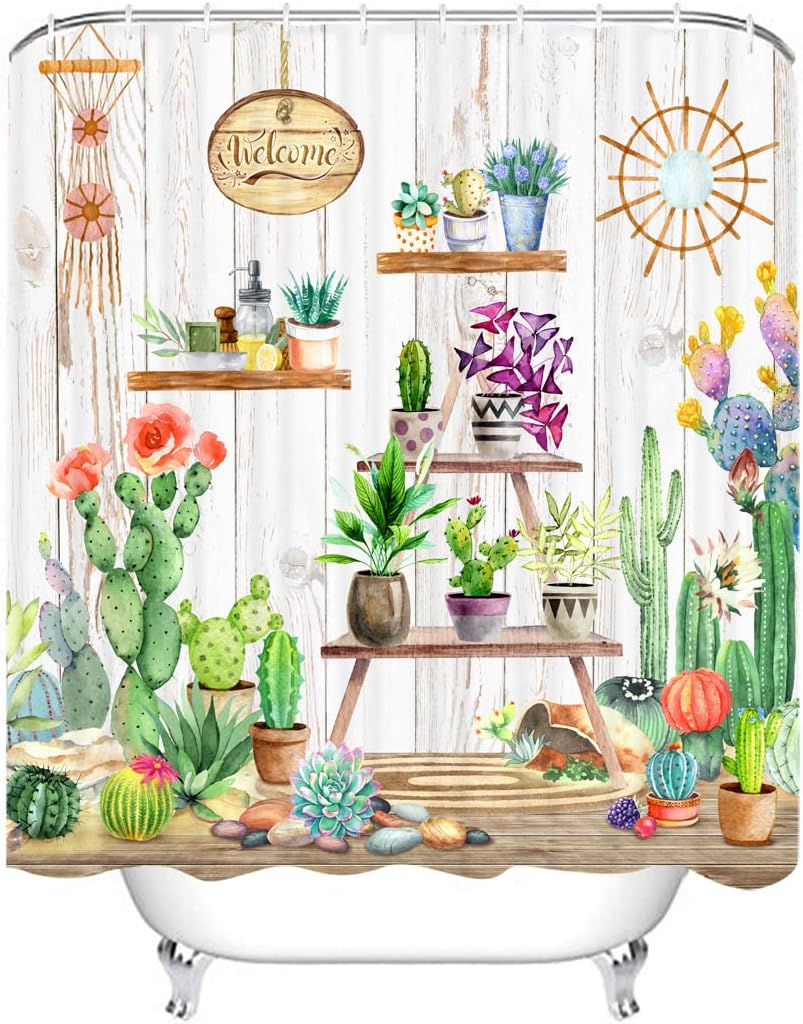 Vintage Bohemian Succulents Shower Curtain On An Antique Wooden Plank - Image 2