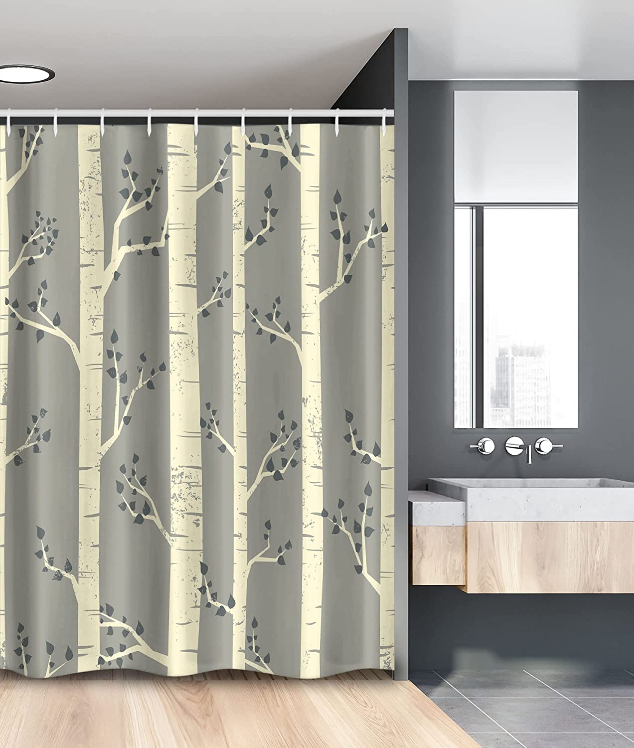 Vintage Bohemian Tree Branches Stall Shower Curtain In Pale Yellow And Warm Taupe