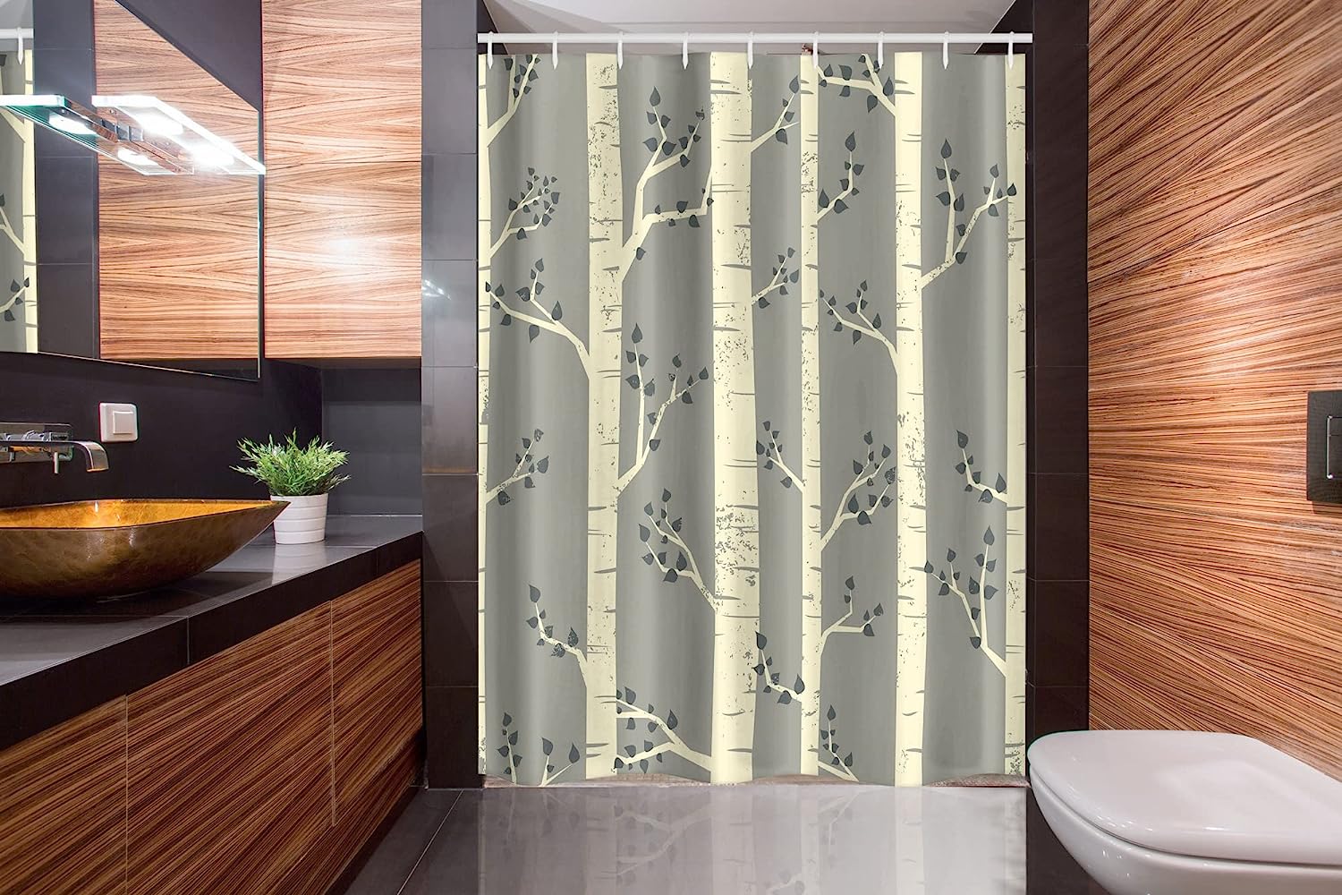 Vintage Bohemian Tree Branches Stall Shower Curtain In Pale Yellow And Warm Taupe - Image 2