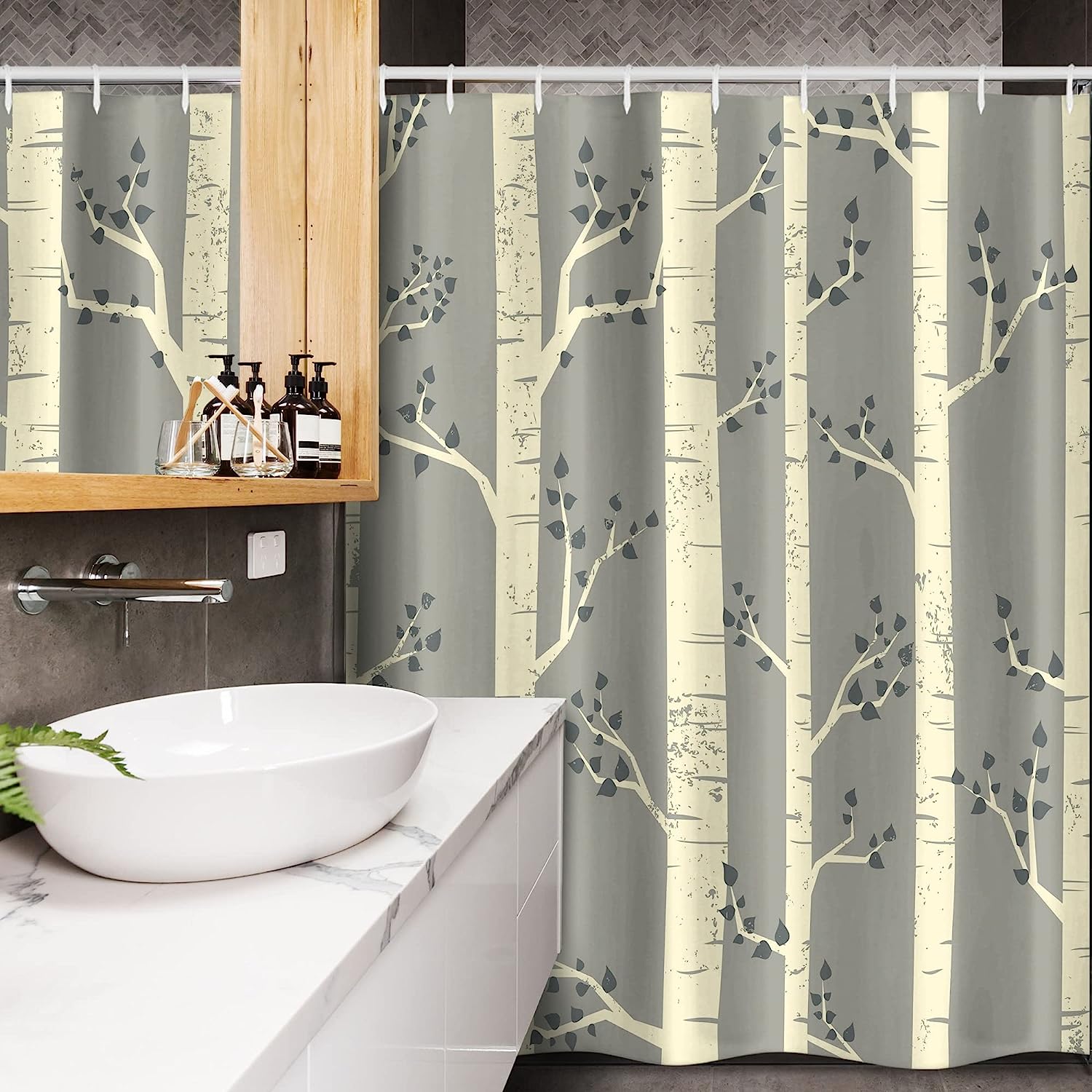 Vintage Bohemian Tree Branches Stall Shower Curtain In Pale Yellow And Warm Taupe - Image 3